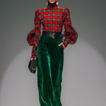 Trendy Retro Plaid Velvet Turtleneck Long-sleeved T-shirt And Wide-leg Pants Set