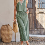 Solid Color Two Piece Outfits Sleeveless Deep V Neck Crop Tank Top with Wide Leg Pants Set with Pockets