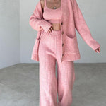 Elegant Three-pieces Knitwear Set Crop Vest Button Sweater Cardigant and Wide Leg Pant Outfits