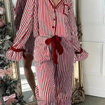 Striped Printed Color-blocked Trim Long-sleeved Loose Top and Elastic Waist Belt Wide-leg Pants Set