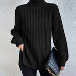Mid-Length Raglan Sleeve Turtleneck Slit Sweater