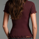 Vintage Faded Knitted Short-sleeved T-shirt With Lace Trim