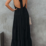 Elegant Halter Neck Tie Striped Pleated Dress