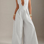 Sleeveless Wide Leg Pleated Solid Color Split-Joint Zipper Round-Neck Jumpsuits
