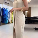 Elegant Stand Collar Fake Two-piece Tie-up Split Mid-length Dress