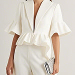 Flared Sleeves Half Sleeves Ruffle Trim Solid Color Deep V-Neck Blouses&Shirts Tops Outerwear