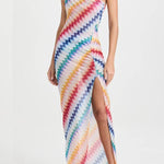 Vacay Charm Knit Colorful Zigzag Pattern One Shoulder Slit Maxi Dress