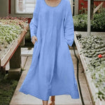 Round Neck Ruched Pocket Solid Long Sleeve Dress