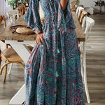 College Vacation Floral Patchwork V Neck A Line Dresses