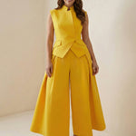 Elasticated Waist High Waisted Asymmetric Buttoned Solid Color Split-Joint Stand Collar Tank Top