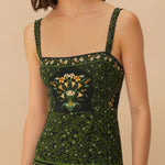 Tropical Look Linen Blend Floral Print Square Neck Back Smocked Midi Dress