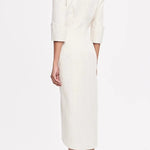 Elegant Look Linen Blend Stand Lapel Neck Half Sleeve Side Button Midi Dress