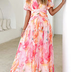 V Neck Puff Sleeves Ruched Waist Printed Maxi Dress