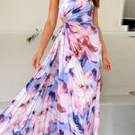 Margovil One Shoulder Sleeveless Cut Out Floral Print Pleated Maxi Dress