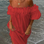 Margovil Off Shoulder Ruffle Trim Slit Cotton Linen Maxi Vacation Dress