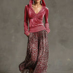 Casual Retro Pink Fleece Hooded Top And Chiffon Leopard Print Wide-leg Pants Set