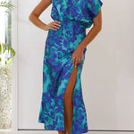 Off Shoulder Side Slit Floral Print Maxi Dress