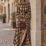 Retro Chic And Elegant Brown Turtleneck Plaid Velvet Print Maxi Dress