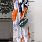 Loose Wrap Buttoned Contrast Color Pockets Printed Split-Side Shirt Dress