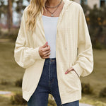 V-Neck Zipper Closure Solid Color Long Loose Hoodie Jacket