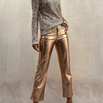 Sinclair Metallic Faux Leather High Rise Pocketed Straight Pants
