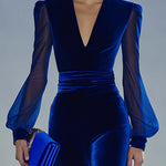 Vintage Elegant And Exquisite V-neck Mesh Long-sleeved Royal Blue Velvet Jumpsuit