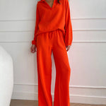 4Pcs Outfits Black Sets+Orange Sets Simple V-Neck Tops + Casual Wide Leg Pants