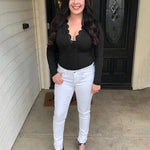 V-neck Lace Trim Long-sleeved Bodysuits