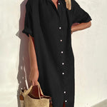 Turn-Down Collar Short Sleeve Single Breasted Loose Shirt Dress Solid Color Summer Beach Dresses