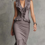 Vintage Elegant Faux-Denim Ruffle Midi Dress