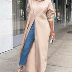 Nadorine Women's Button Down Maxi Shirts Dress Long Sleeve Collared V Neck Kaftan Loose Long Dress Coat