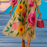 Loose Puff Sleeves Flower Print See-Through Round-Neck Midi Dresses