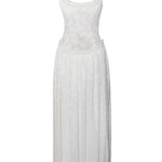 Ulissa Light Green Square Neck Jacquard Textured High Slit Maxi Dress