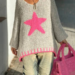 Warm Winter Day Texture Knit Star Pattern Contrast Color Loose Sweater