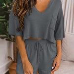 Two-piece Set Short Sleeve V-neck Top and Shorts Lounge Suits