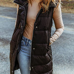 Hooded Pocketed Quilted Long Vest Coat