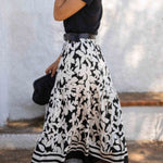 Resort Style Botanical Print Elastic Waist Loose Stitching Midi Skirt