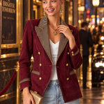 Burgundy Double and Striped Lapels Breasted Blazer