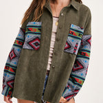 Nadorine Corduroy Patch Print Pocket Coat Long Sleeve Jacket Top