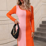Long Sleeve Side Slit Color Block Patchwork Sweater Dress