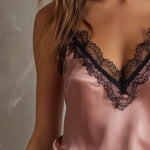 Retro Contrast Lace Neck Polyester Satin Tank Top