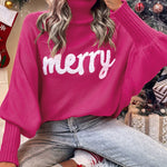 Merry Letter Embroidered High Neck Sweater