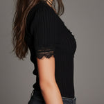 Retro Classic Knitted Slim-fit T-shirt With Lace Trim