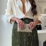 Party Crasher Feather Trim Long Sleeve Button Up Loose Blouse