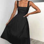 Square Neck Sleeveless Elastic Waist A-line Midi Dress