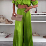 Jorie Satin Off Shoulder Puff Sleeve Crop Top and Elastic Waist Pleated Wide Leg Pants Set