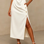 Loose Sleeveless Belted Buttoned Pockets Solid Color Split-Side V-Neck Midi Dresses