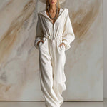 Casual Loose Fashionable White Corduroy Hooded Front Zipper Long Sleeve Jumpsuit