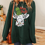 Nadorine Christmas Cow Merry Bright Round Neck Casual Pullover Sweatshirt