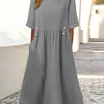Nadorine Women's Casual Loose Round Neck Cotton Linen Long Dresses with Pockets